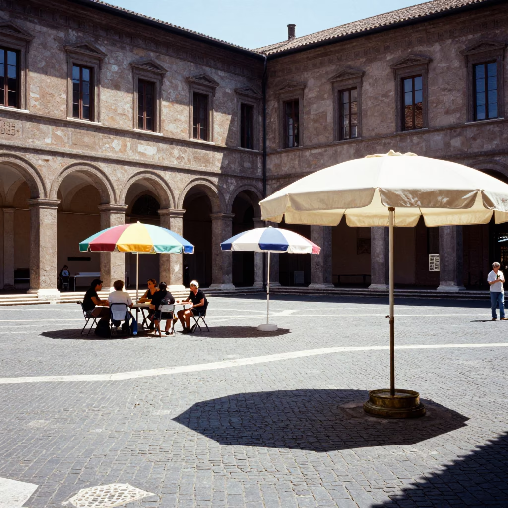 Sunlit Roman University Courtyard with Umbrellas and Brass Drain in in Rome, Italy
