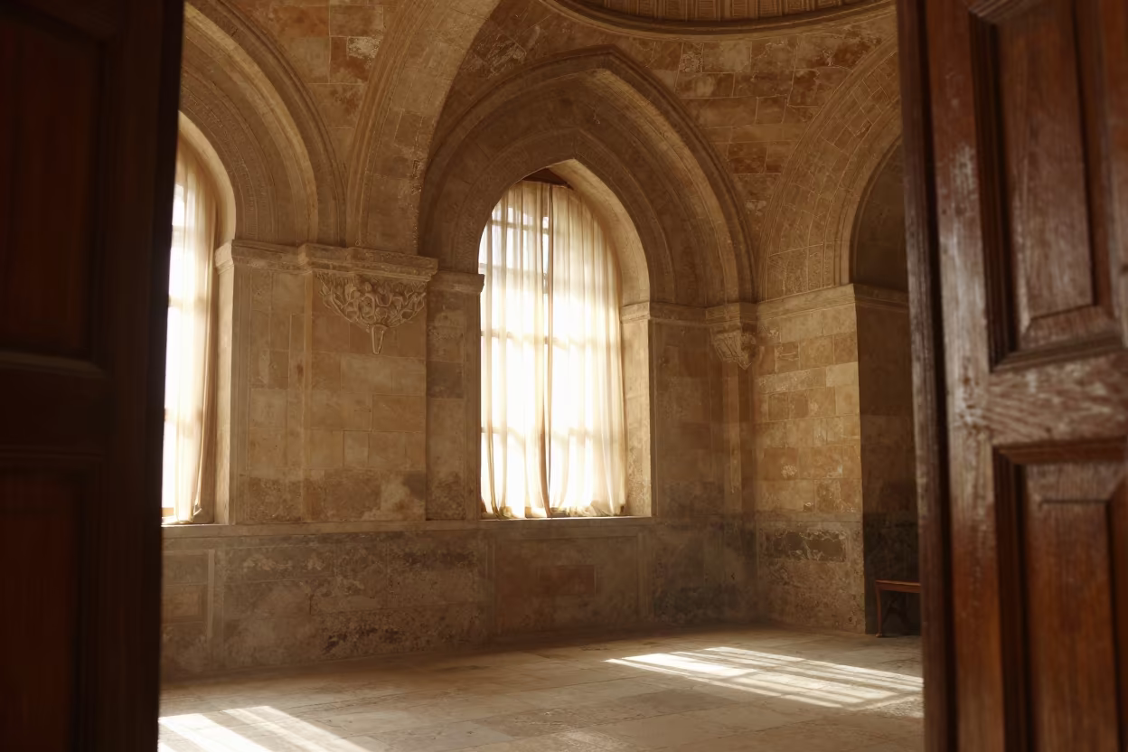 Sunlit Romanesque Cloister Passage Baghdad in inside a quiet cloister passage in Baghdad