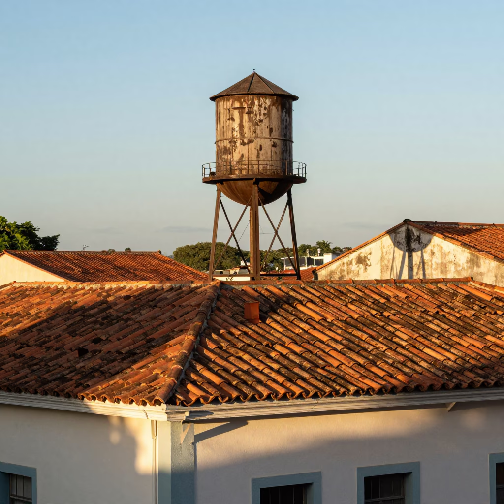 Sunlit Rooftop Water Tower View of Salvador Brazil Late Morning Street Scene in in Salvador, Brazil