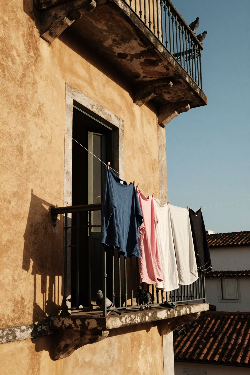 Sunlit Salvador Balcony with Hanging Laundry and Pigeons in in Salvador, Brazil