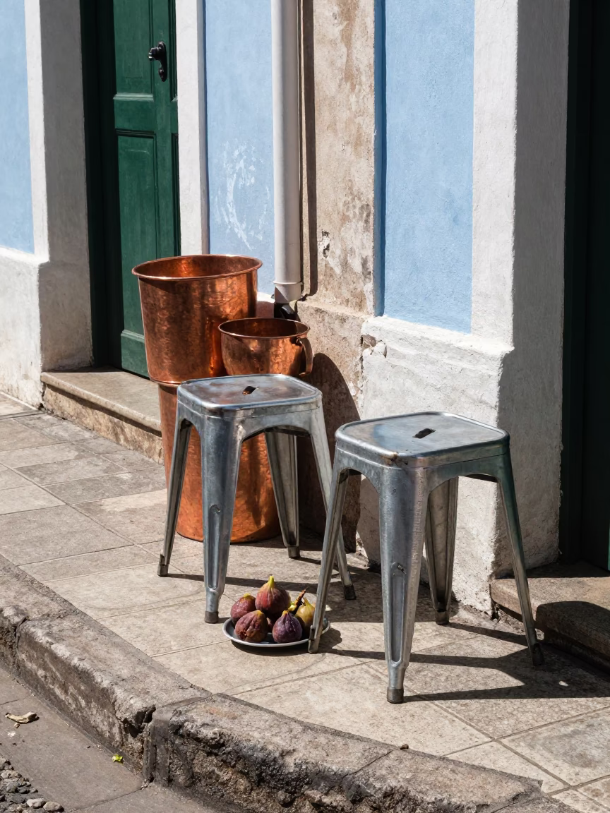 Sunlit Salvador Street Corner with Copper Pots and Metal Stools in in Salvador, Brazil
