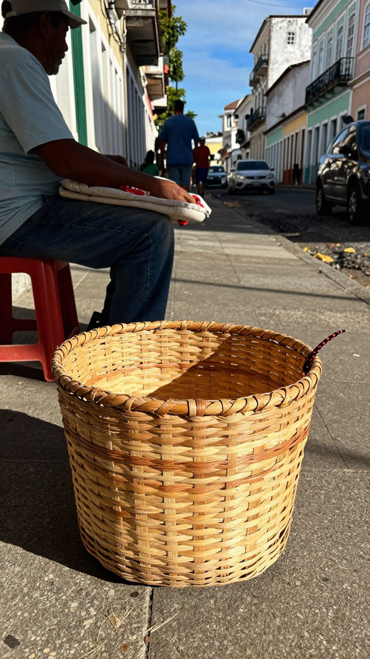 Sunlit Salvador Street Scene with Woven Basket and Stool in Early Afternoon Light in in Salvador, Brazil