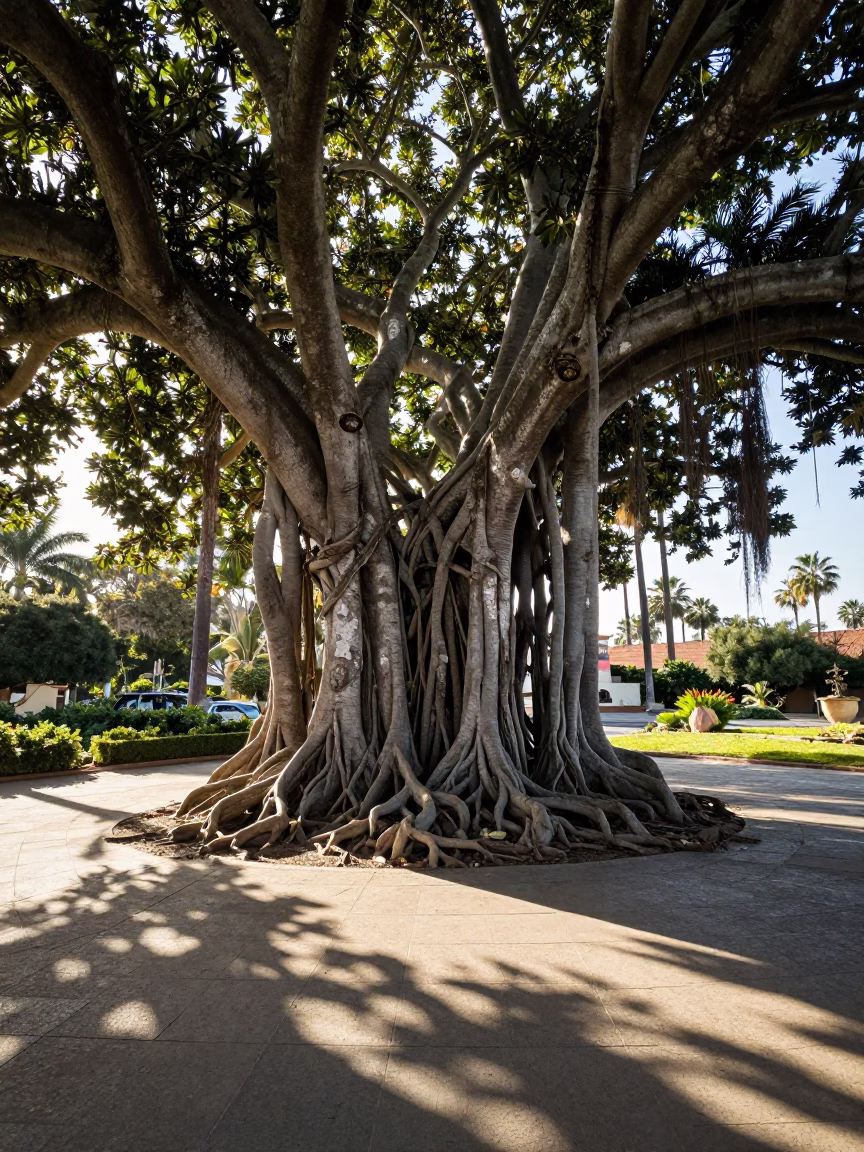 Sunlit San Diego Balboa Park Banyan Tree Aerial Roots Afternoon in in San Diego, California, United States