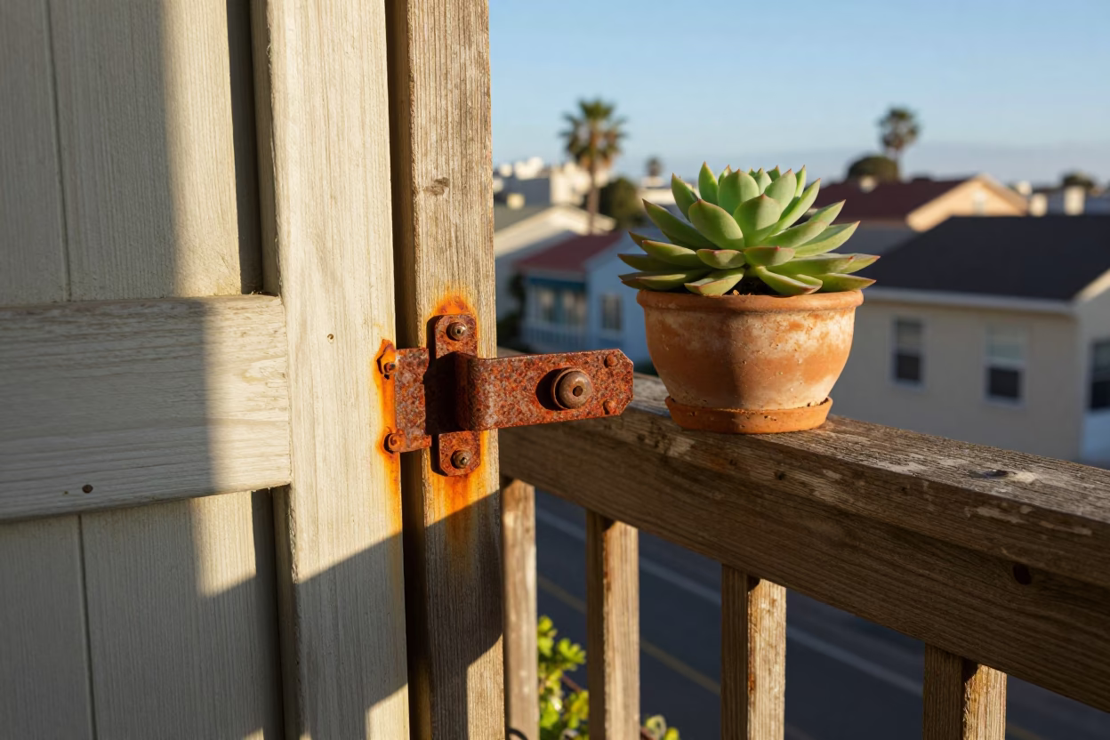 Sunlit San Diego Balcony with Rusty Latch and Potted Succulents in in San Diego, California, United States