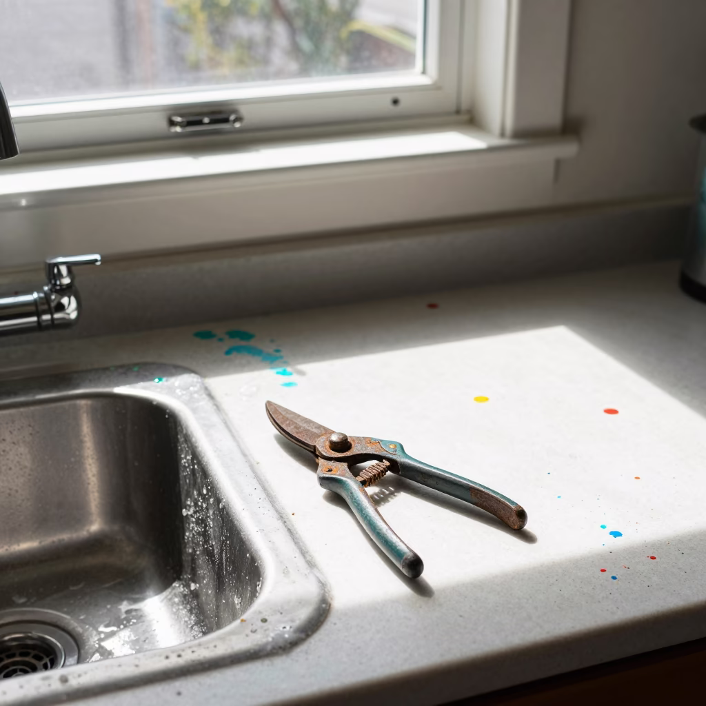 Sunlit San Diego Kitchen Counter with Paint Flecks and Pruning Shears in in San Diego, California, United States