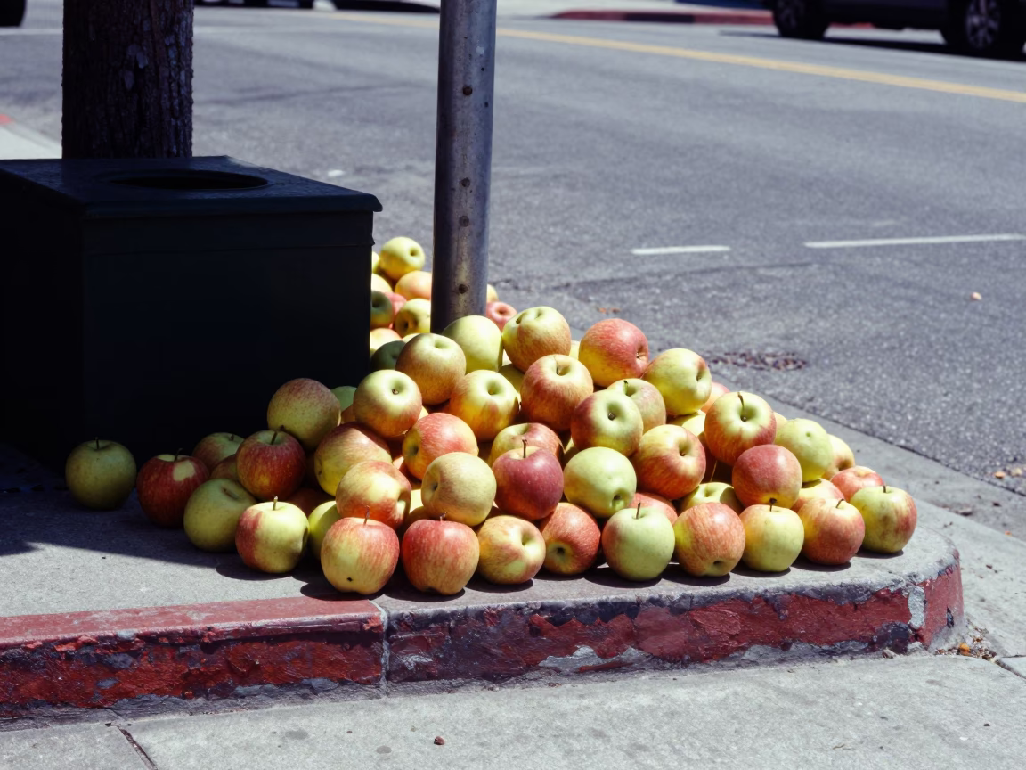 Sunlit San Diego Street Corner with Apples and Vintage 1960s Aesthetic in in San Diego, California, United States