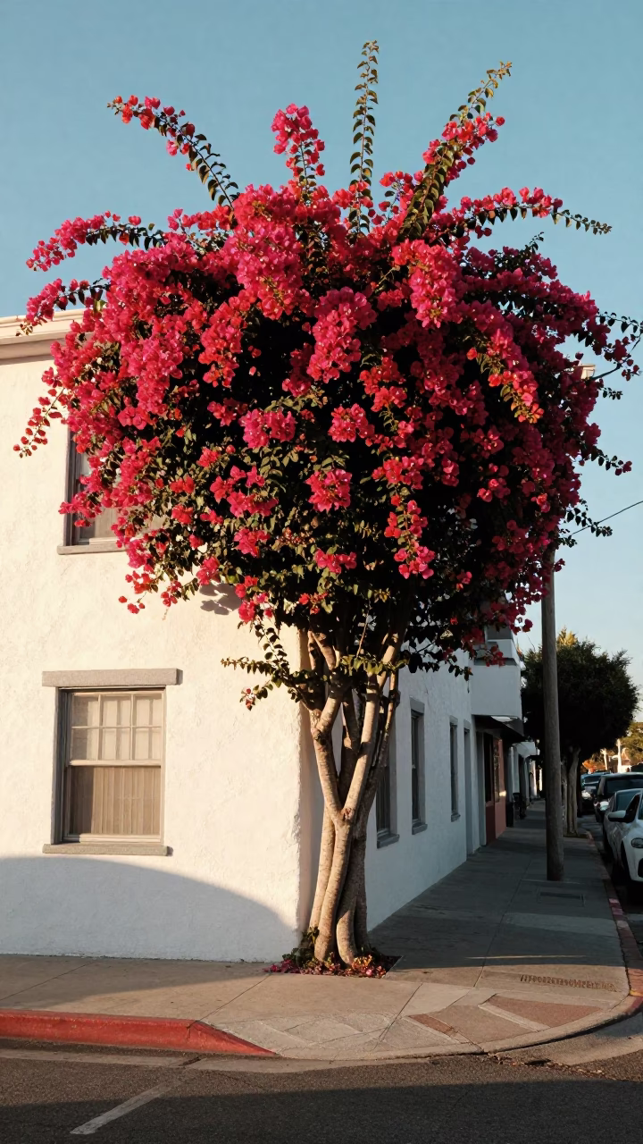 Sunlit San Diego Street Corner with Bougainvillea and Vintage 1990s Street Scene in in San Diego, California, United States