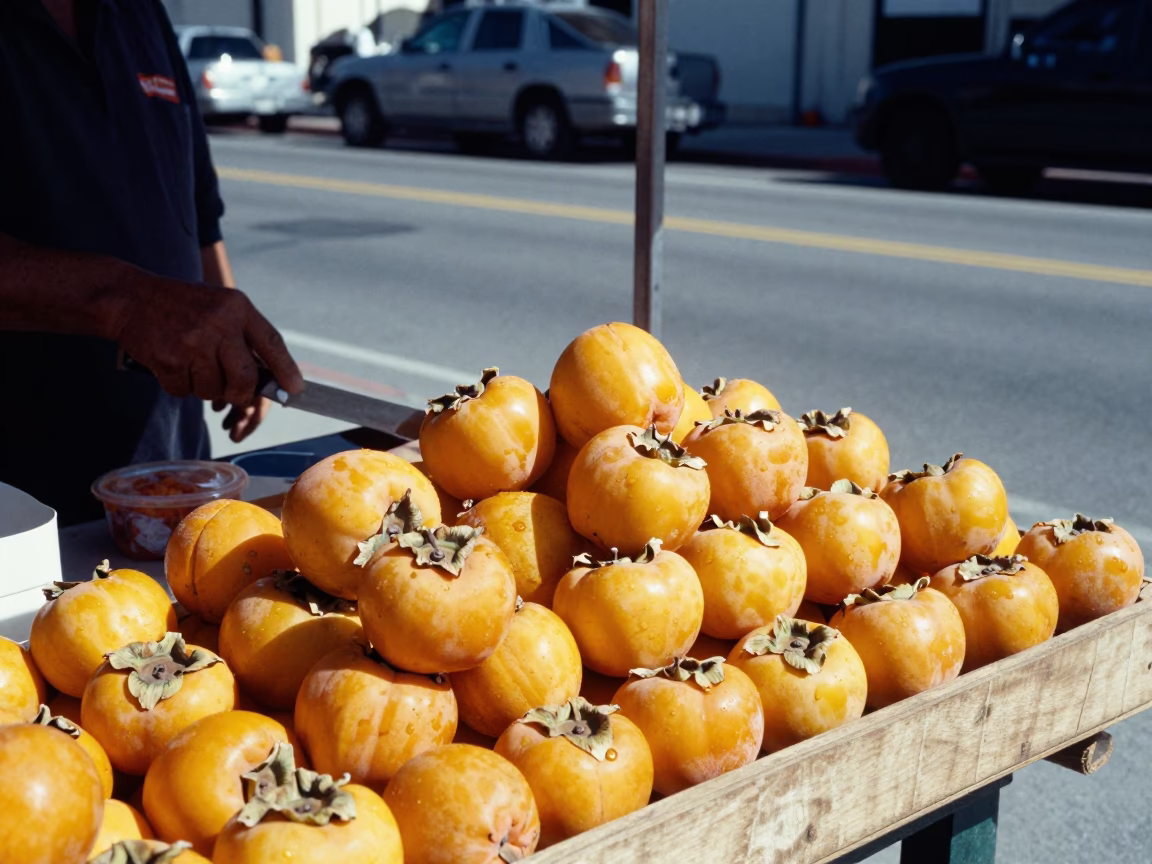 Sunlit San Diego Street Scene with Parer Knife and Persimmons at Midday in in San Diego, California, United States