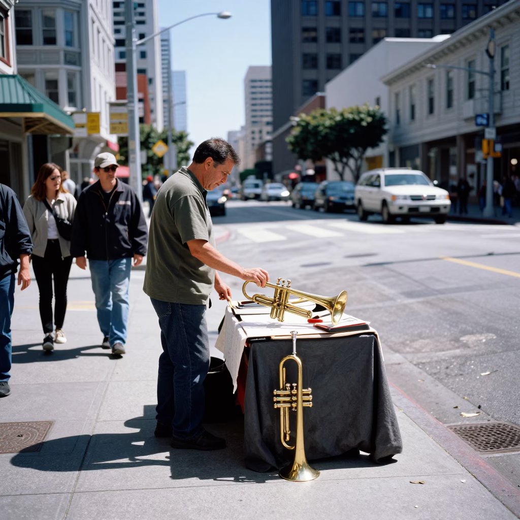 Sunlit San Francisco Street Corner with Local Vendor and Cityscape Background in in San Francisco, California, United States