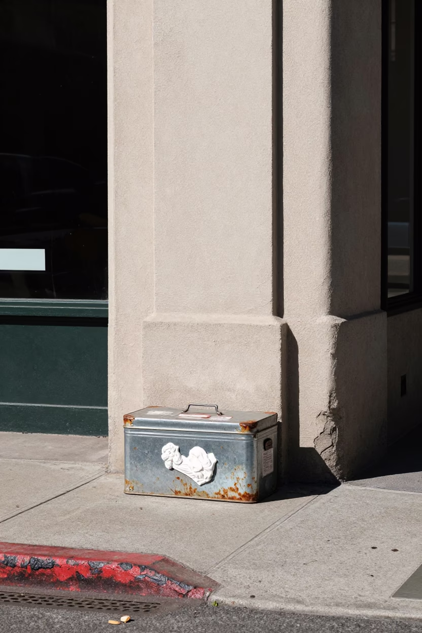 Sunlit San Francisco Street Corner with Tin Box and Plaster Wall Shadows in in San Francisco, California, United States