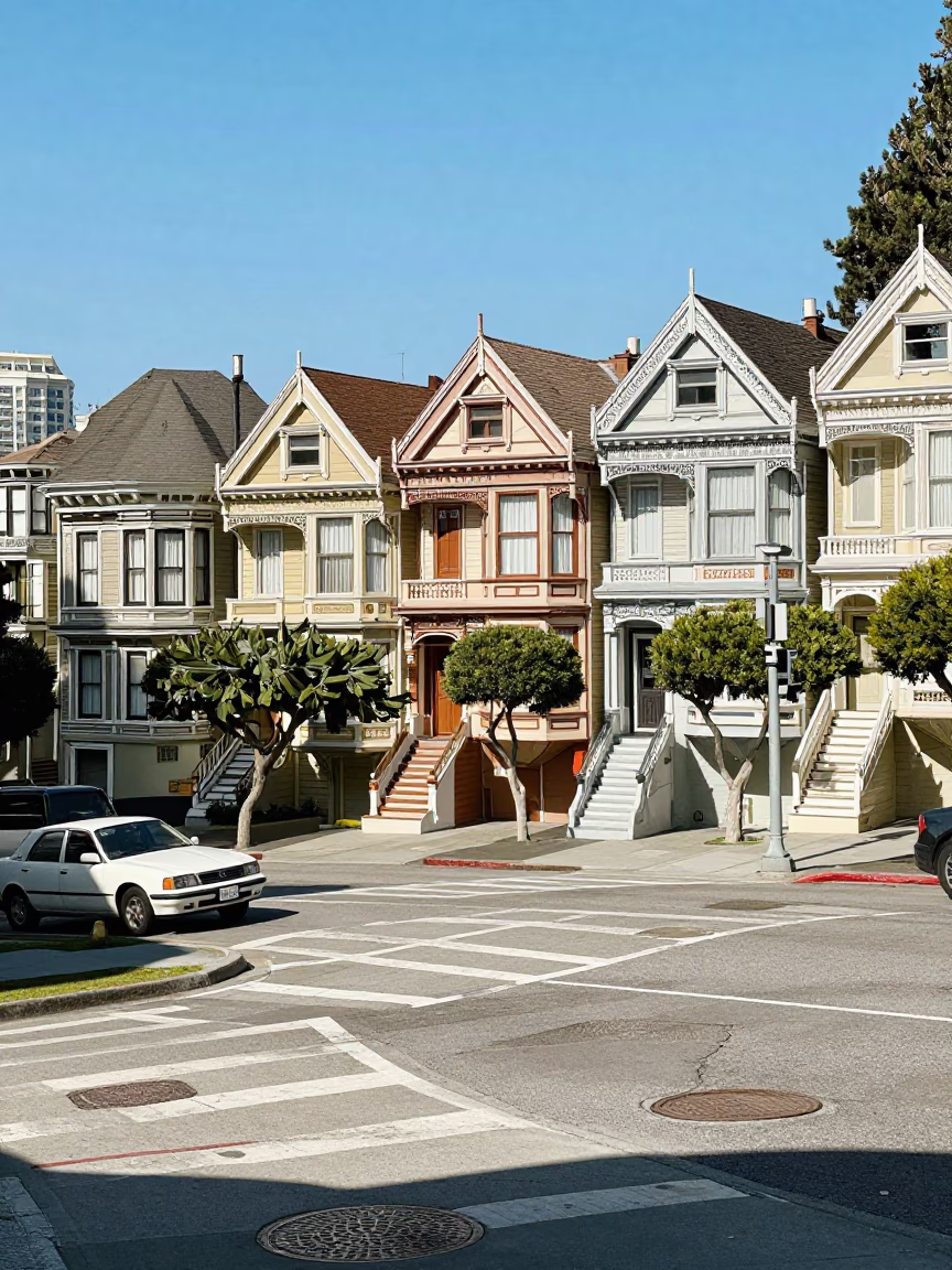 Sunlit San Francisco Street Corner with Victorian Architecture and Parked Vintage Cars in in San Francisco, California, United States