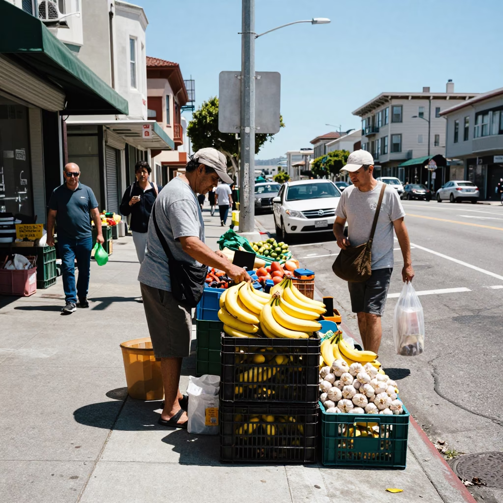 Sunlit San Francisco Street Scene with Local Produce and Everyday Objects in in San Francisco, California, United States