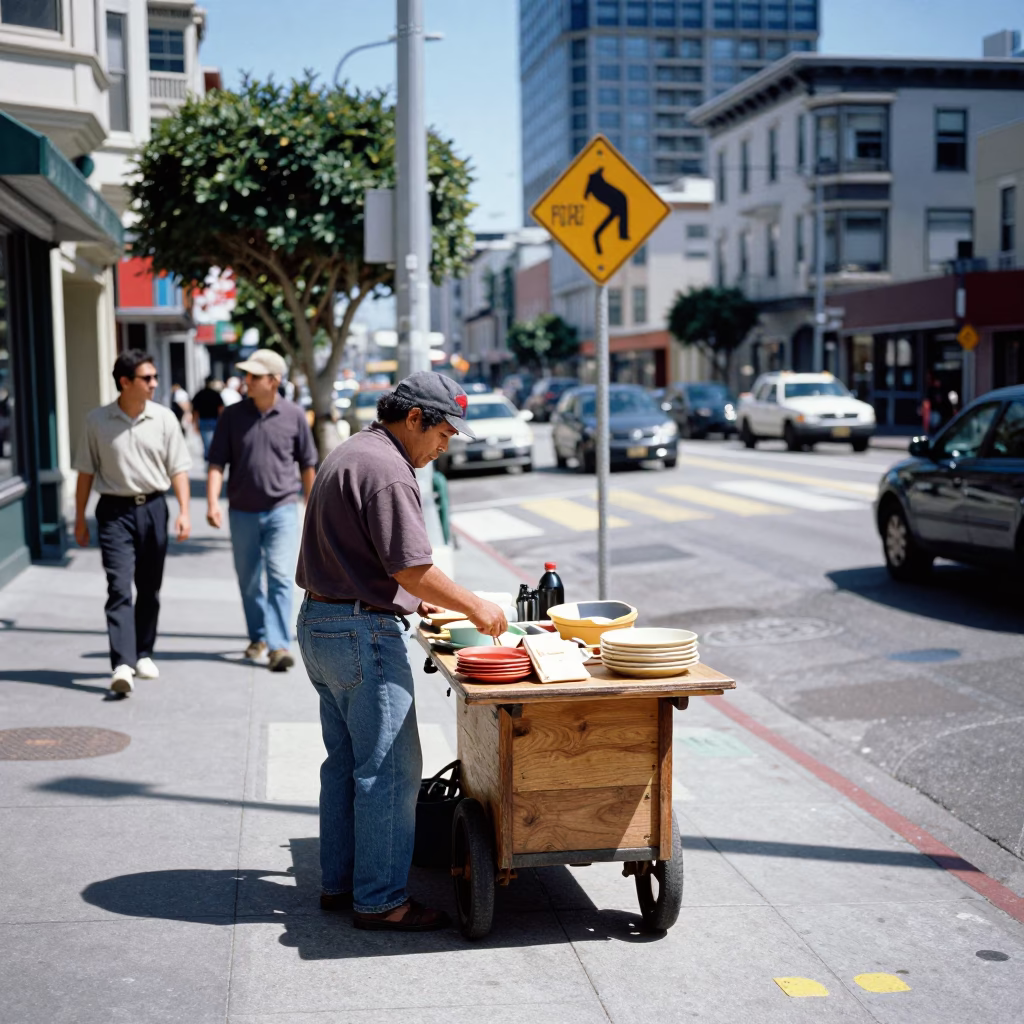 Sunlit San Francisco Street Scene with Local Vendor and Urban Details in in San Francisco, California, United States