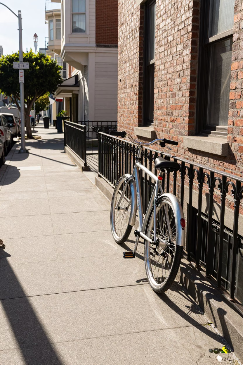 Sunlit San Francisco Street Scene with Parked Bicycle and Urban Details in in San Francisco, California, United States