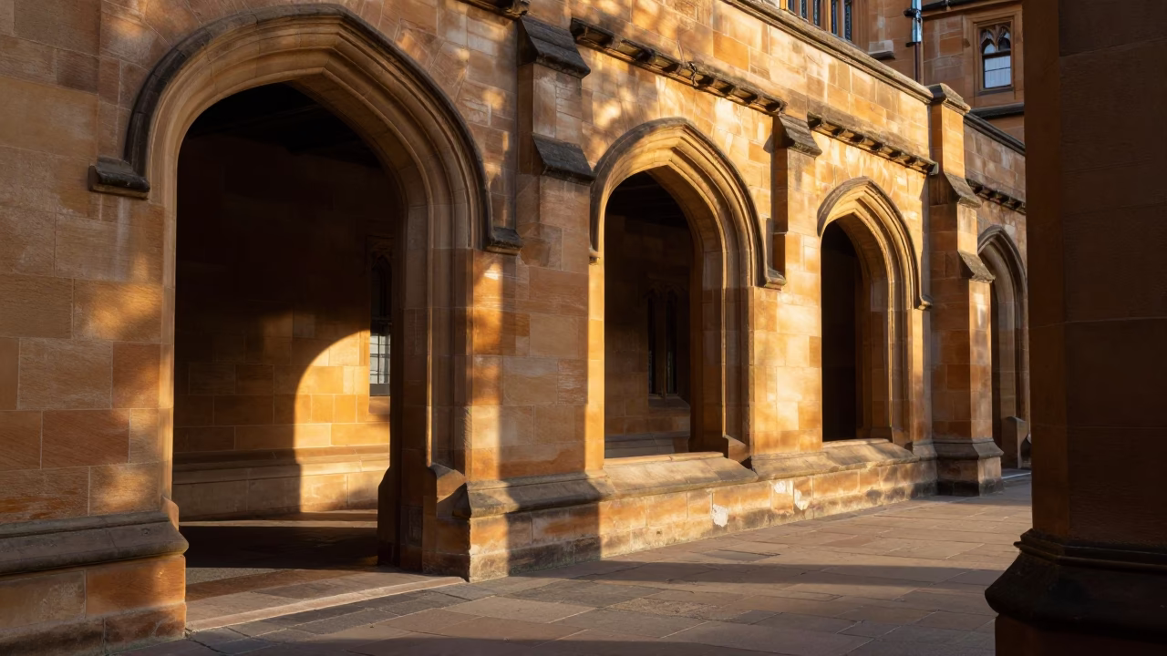 Sunlit Sandstone Cloister Walkway at Sydney University Early Morning Light in in Sydney, New South Wales, Australia