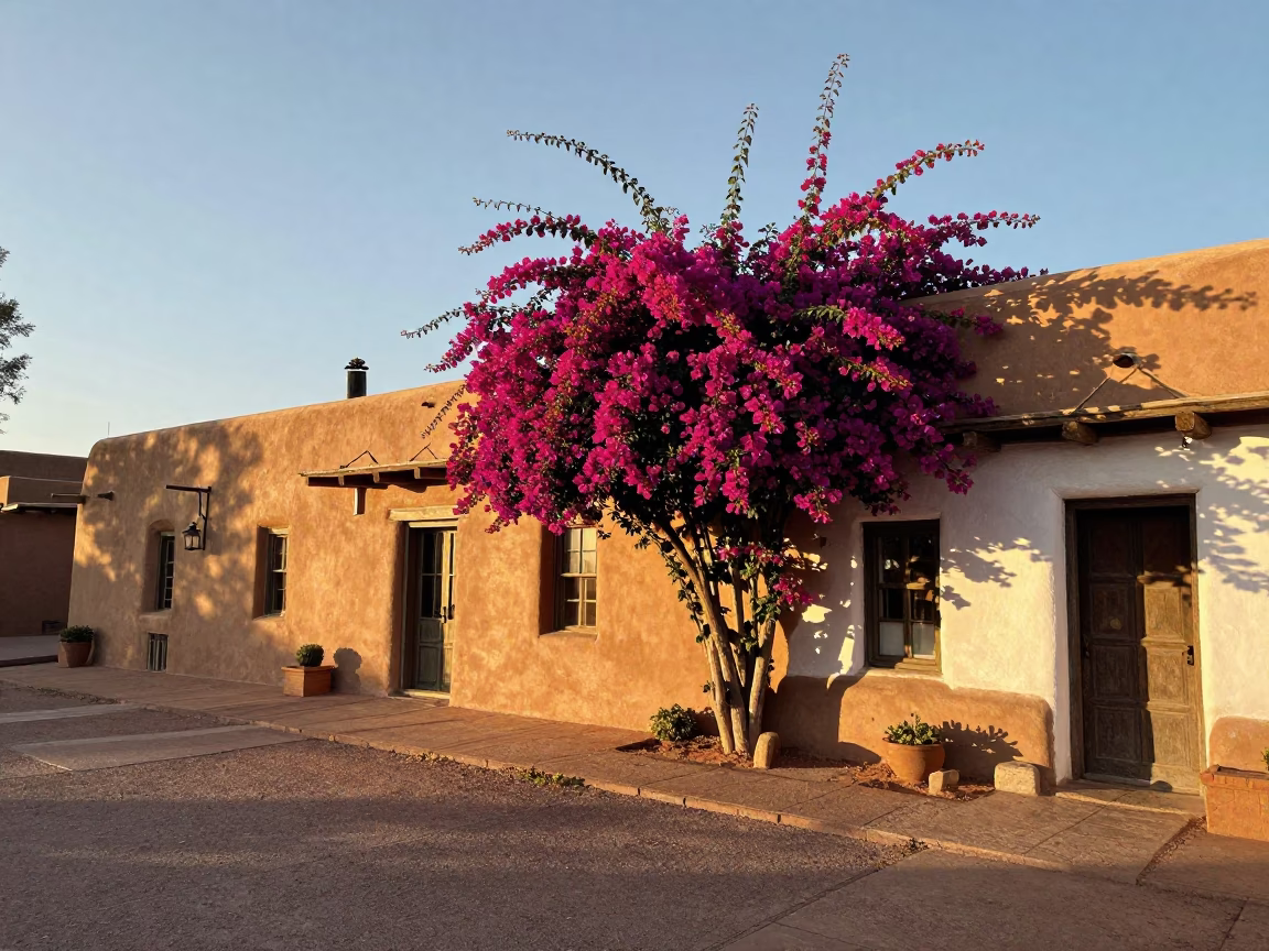 Sunlit Santa Fe adobe architecture with blooming bougainvillea and vintage street scene in in Santa Fe, New Mexico, United States