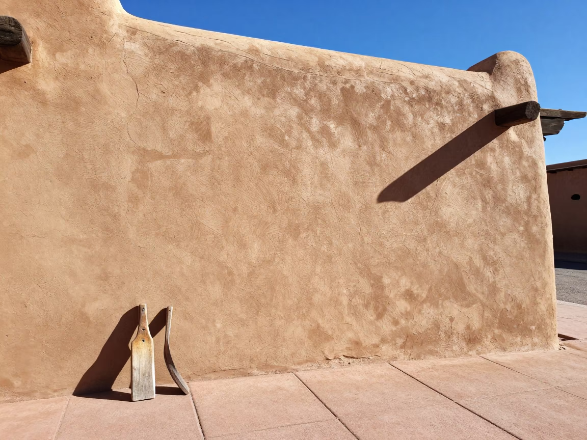 Sunlit Santa Fe Plaza Adobe Wall With Boot Scraper And Woven Mat in in Santa Fe, New Mexico, United States