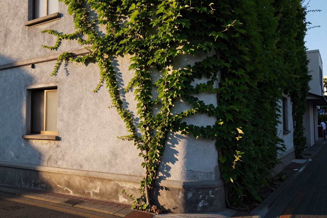 Sunlit Sapporo Street Corner with Cracked Stucco and Ivy Vines in in Sapporo, Japan