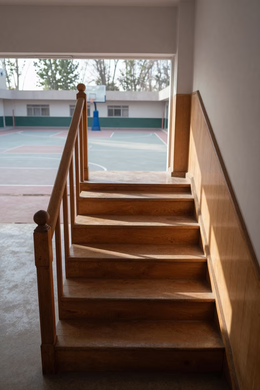 Sunlit School Staircase Over Basketball Court in inside an art classroom near Nasiriyah