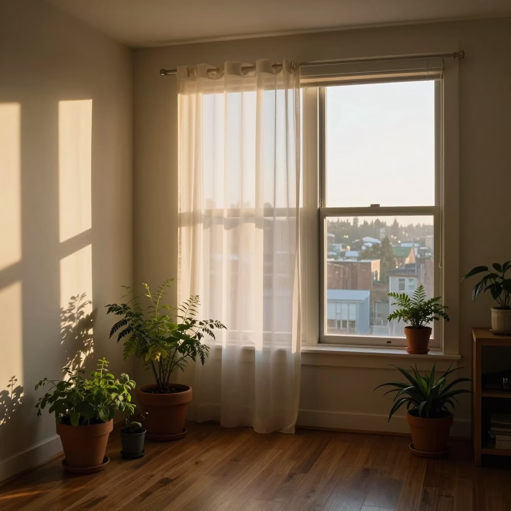 Sunlit Seattle Apartment Interior with Potted Herbs and Morning Light in in Seattle, Washington, United States