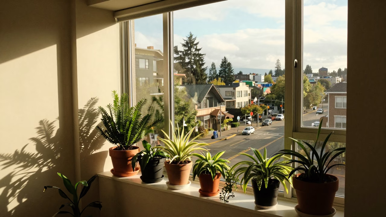Sunlit Seattle Apartment Window View with Houseplants and Street Scene in in Seattle, Washington, United States