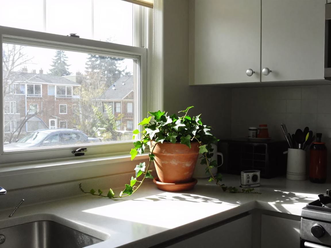 Sunlit Seattle Kitchen Corner With Potted Ivy And Countertop Details in in Seattle, Washington, United States