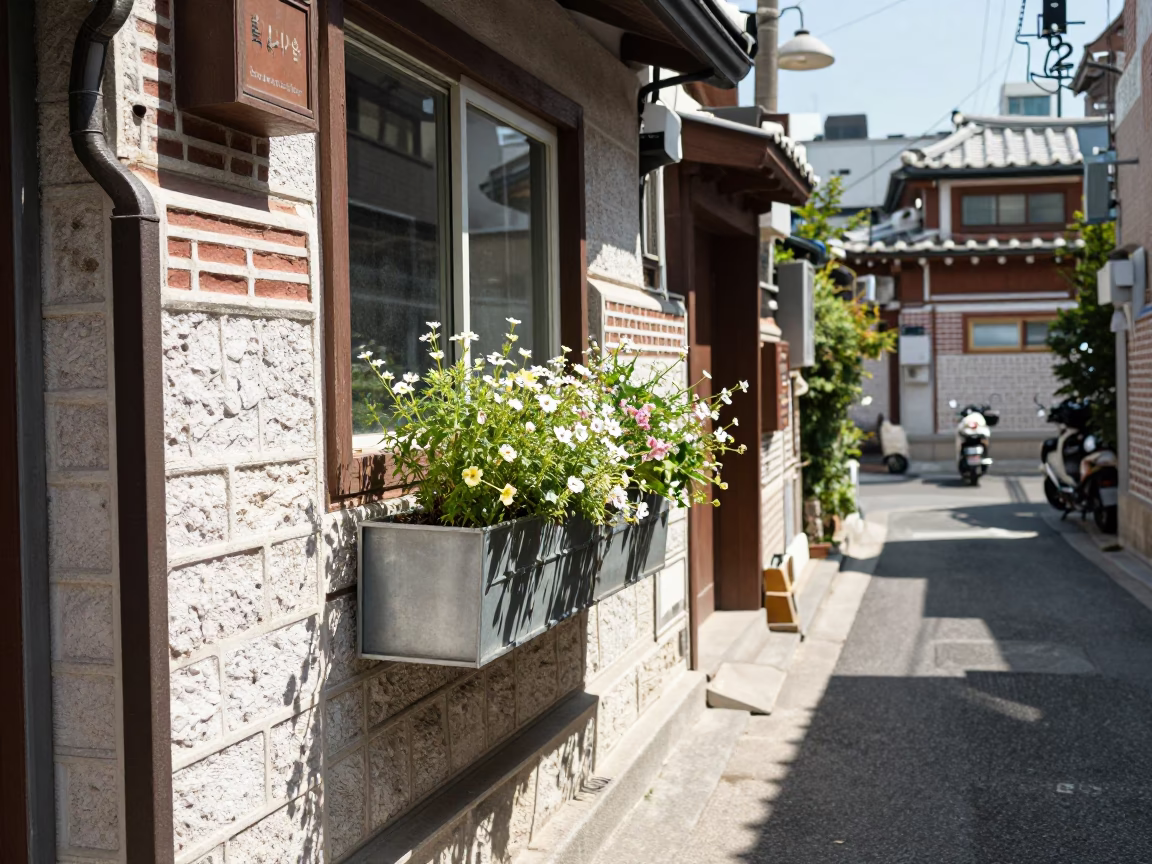 Sunlit Seoul Alleyway with Window Box and Vintage Details at Noon in in Seoul, South Korea