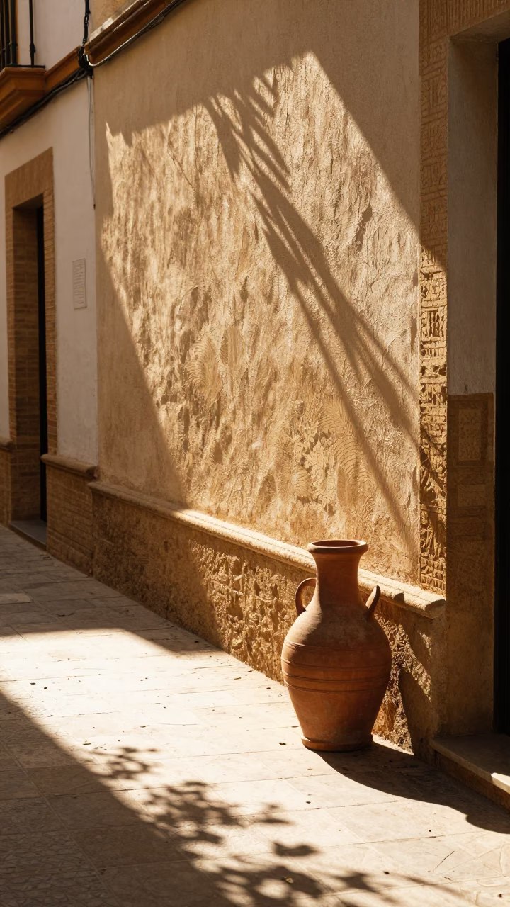 Sunlit Seville Alleyway With Leaf Shadows And Clay Pots in in Seville, Spain