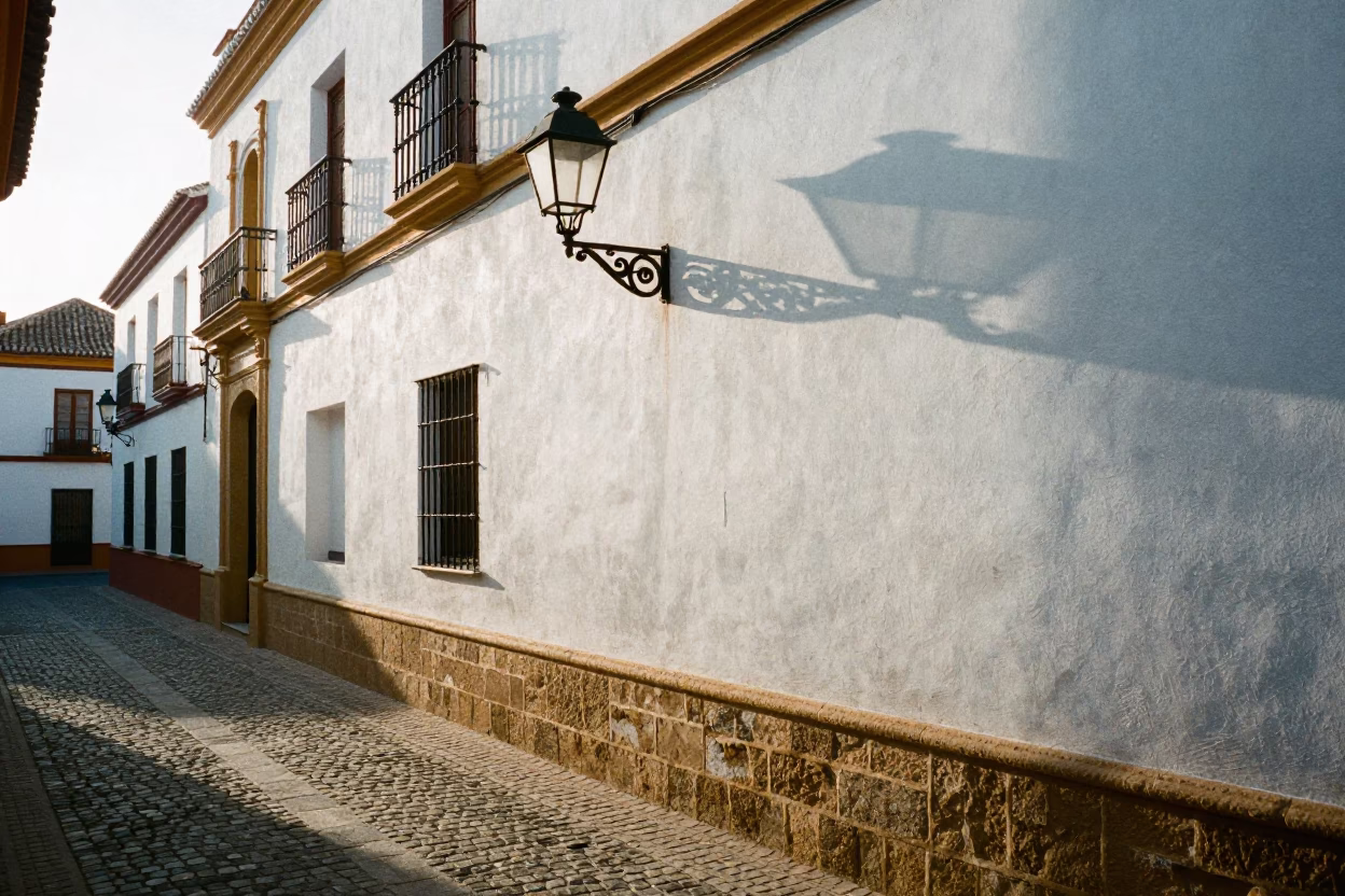 Sunlit Seville Alleyway with Traditional Wall Sconce and Morning Light in in Seville, Spain