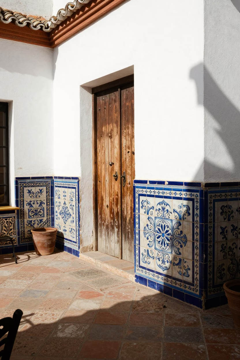 Sunlit Seville Patio with Glazed Ceramic and Lived-In Details in in Seville, Spain