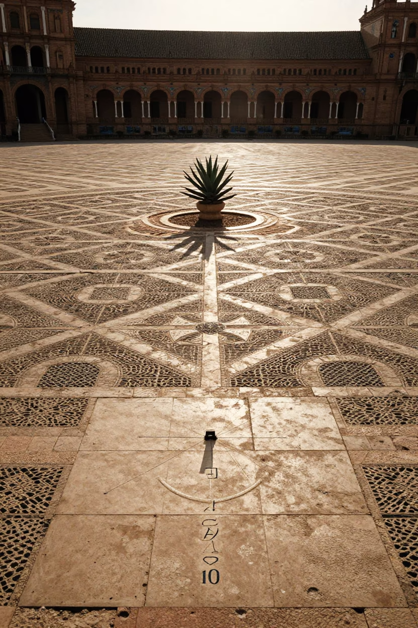 Sunlit Seville Plaza Morning with Echeveria Plant and Sundial Shadow in in Seville, Spain