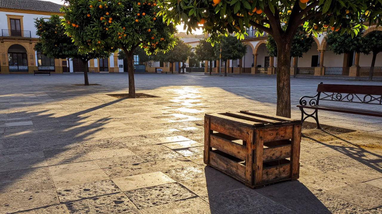 Sunlit Seville Plaza Morning with Rustic Crate and Glass Bottles in in Seville, Spain