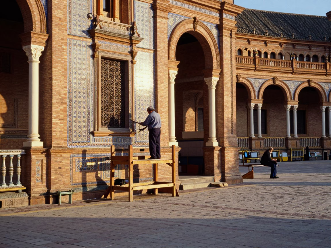 Sunlit Seville Plaza Morning with Stone Carver and Traditional Architecture in in Seville, Spain