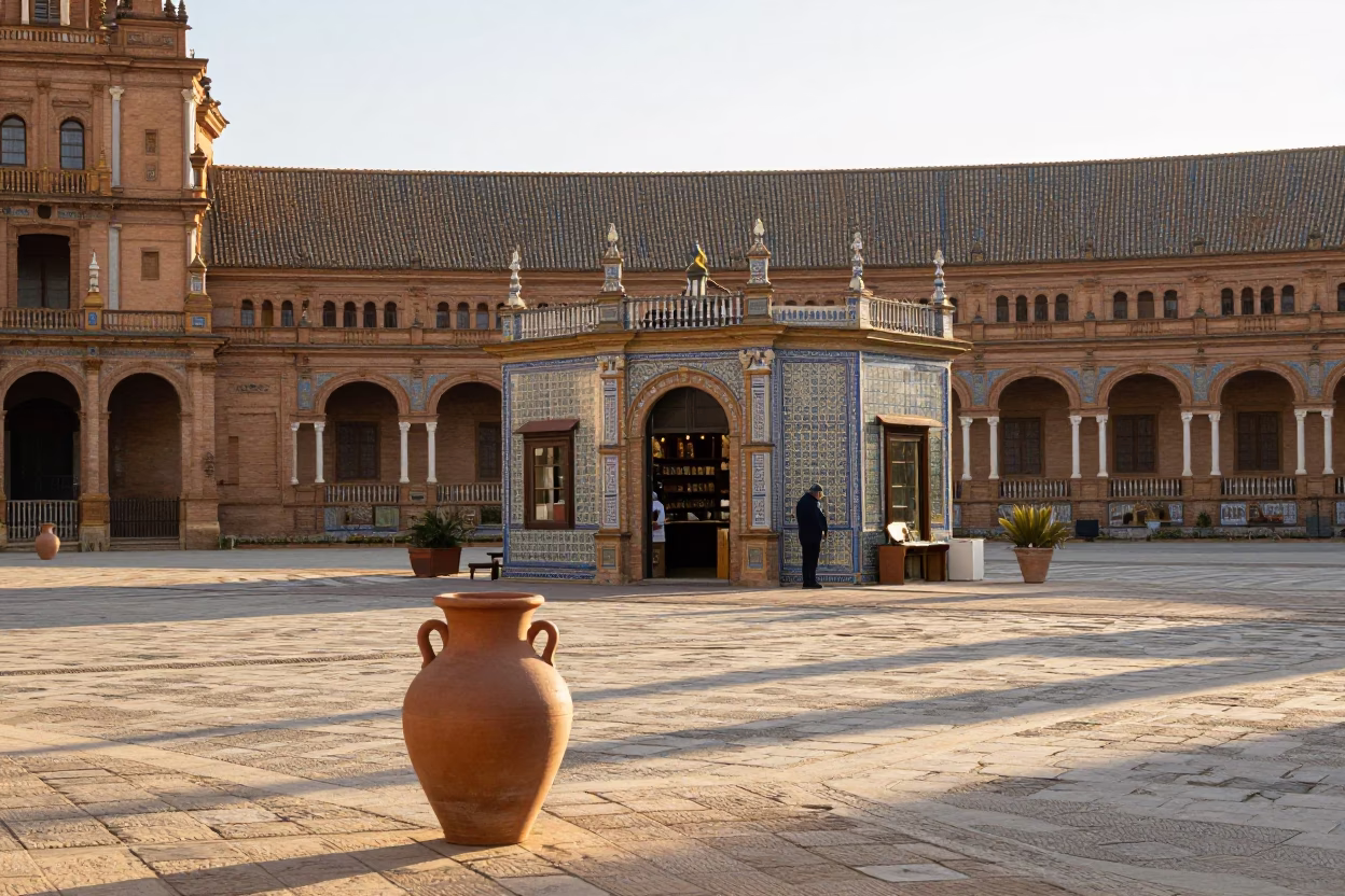 Sunlit Seville Plaza Morning with Traditional Clay Pot and Watering Can in in Seville, Spain