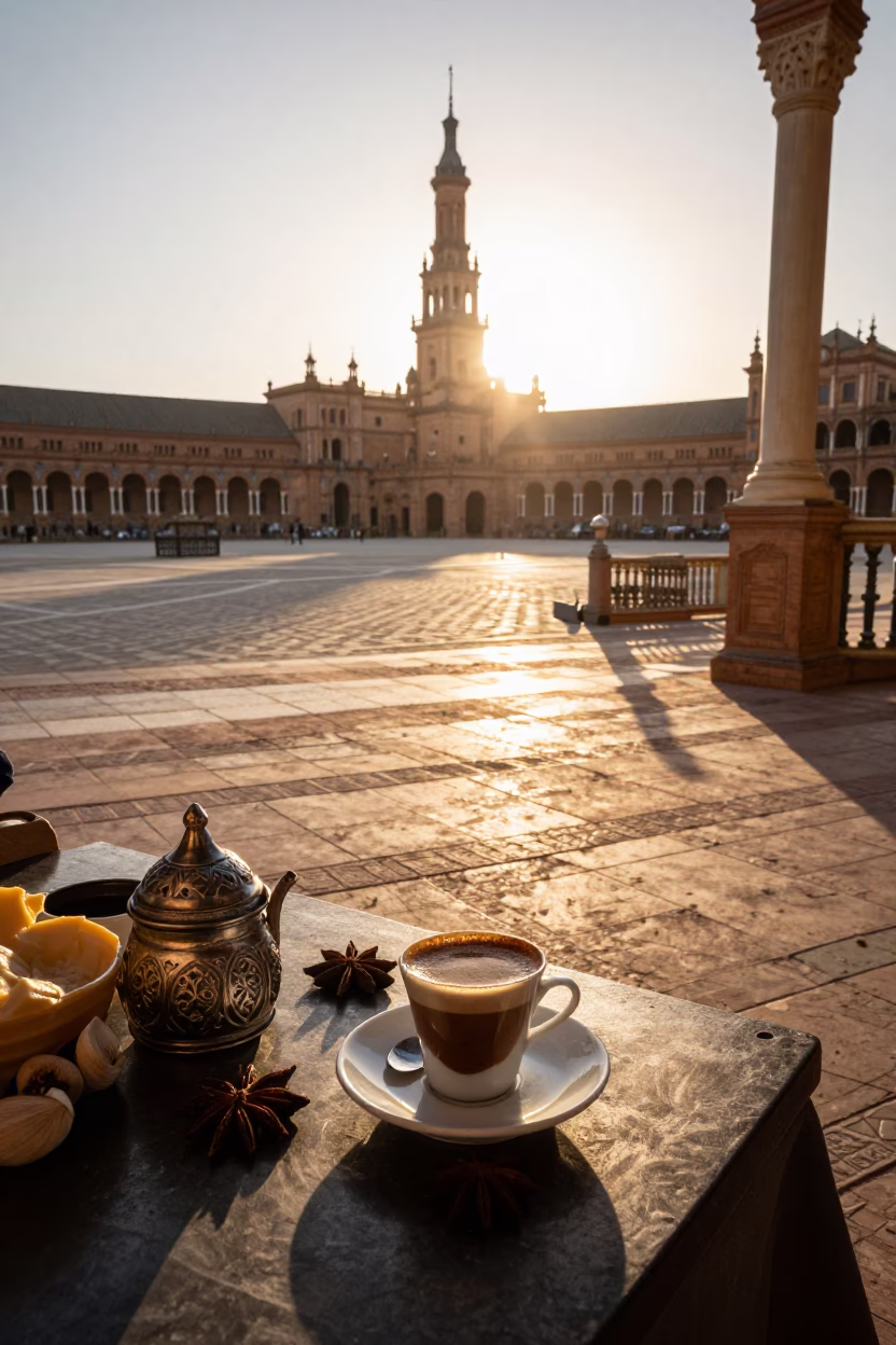 Sunlit Seville Plaza Morning with Turkish Coffee and Spices in in Seville, Spain