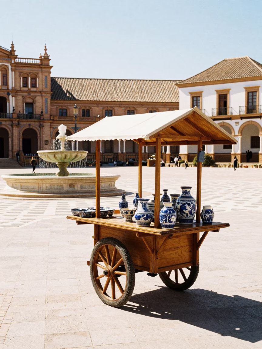 Sunlit Seville Plaza Scene with Wooden Cart and Ceramic Bowls in in Seville, Spain