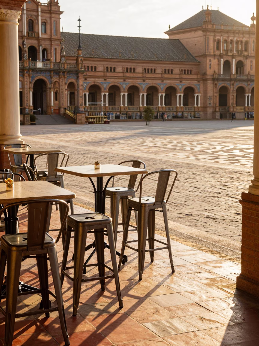 Sunlit Seville Plaza with Bar Stools and Morning Light in in Seville, Spain