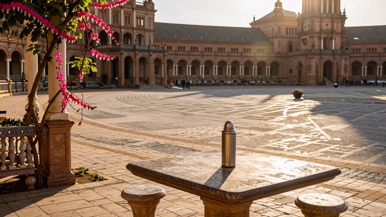 Sunlit Seville Plaza with Bleeding Heart Vine and Thermos on Stone Table in in Seville, Spain