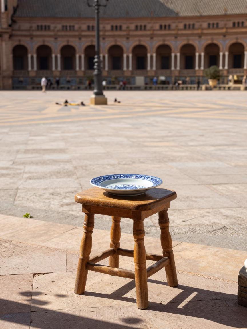 Sunlit Seville Plaza with Blue White Porcelain Plate and Stool in Early Afternoon Light in in Seville, Spain