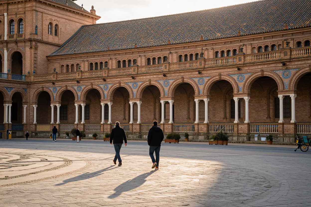 Sunlit Seville Plaza with Brick Archways and Local Morning Activity in in Seville, Spain