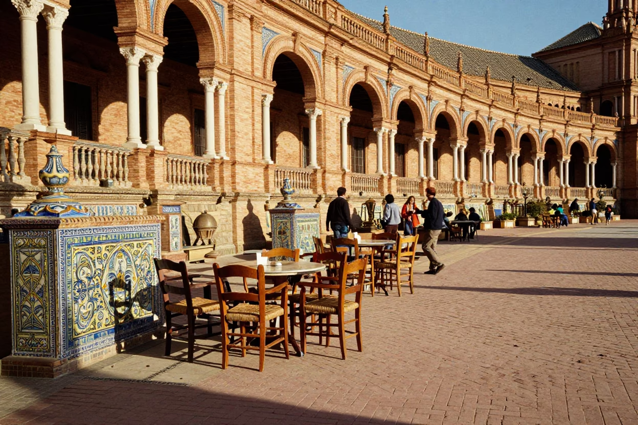Sunlit Seville Plaza with Brick Archways and Wooden Furniture in in Seville, Spain