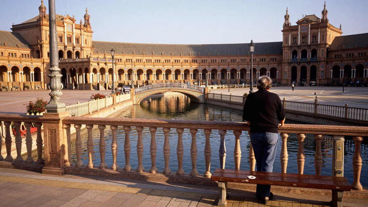 Sunlit Seville Plaza with Fingerprints on Rail and Bench Scraper in in Seville, Spain