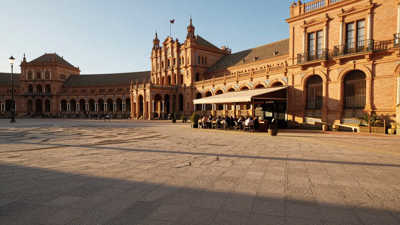 Sunlit Seville Plaza with Local Cafe and Morning Light in in Seville, Spain