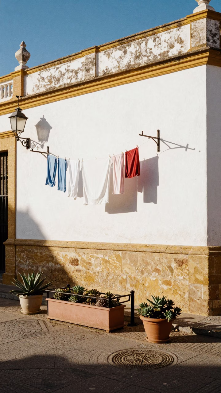 Sunlit Seville Plaza with Peg Rails and Potted Succulents in in Seville, Spain