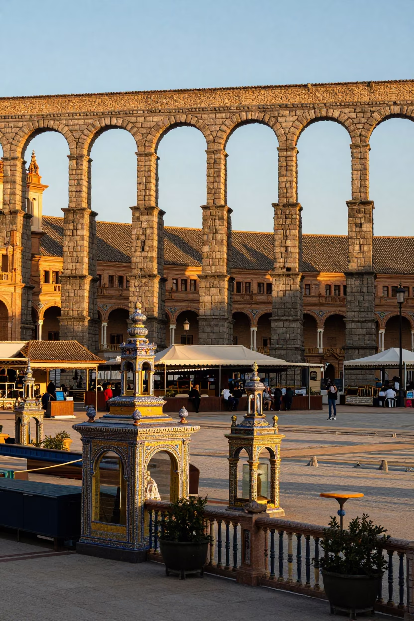 Sunlit Seville Plaza with Roman Aqueduct and Morning Market Stalls in in Seville, Spain