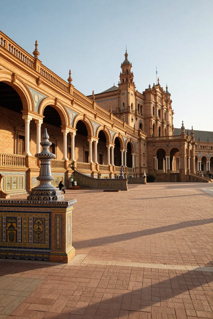 Sunlit Seville Plaza with Traditional Architecture and Early Morning Street Life in in Seville, Spain