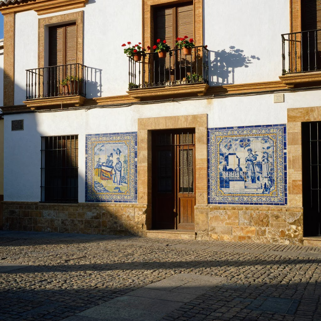 Sunlit Seville Plaza with Traditional Spanish Architecture and Local Street Life in in Seville, Spain