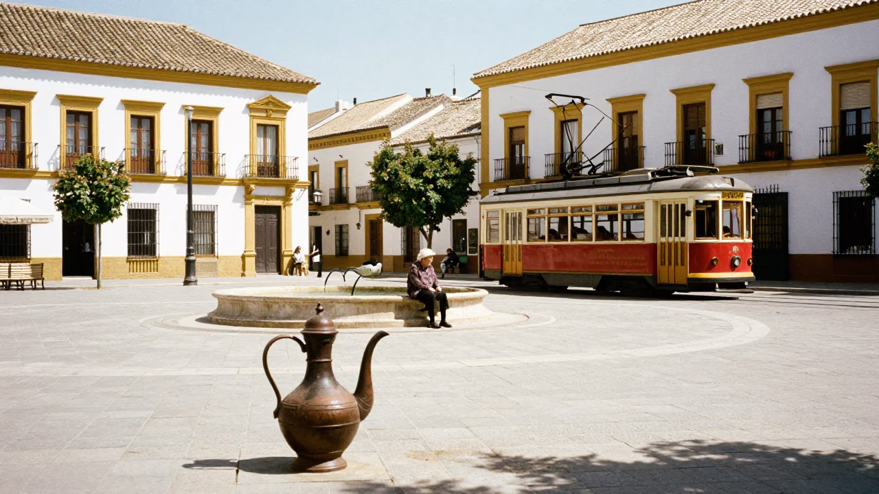 Sunlit Seville Plaza with Traditional Watering Jug and Tram Reflections in in Seville, Spain