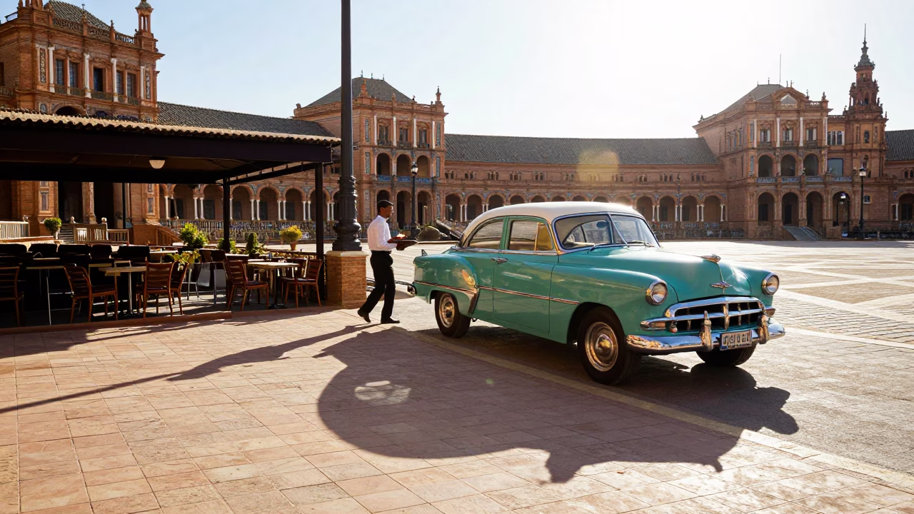 Sunlit Seville Plaza with Vintage Car and Wicker Shadow on Saucer in in Seville, Spain