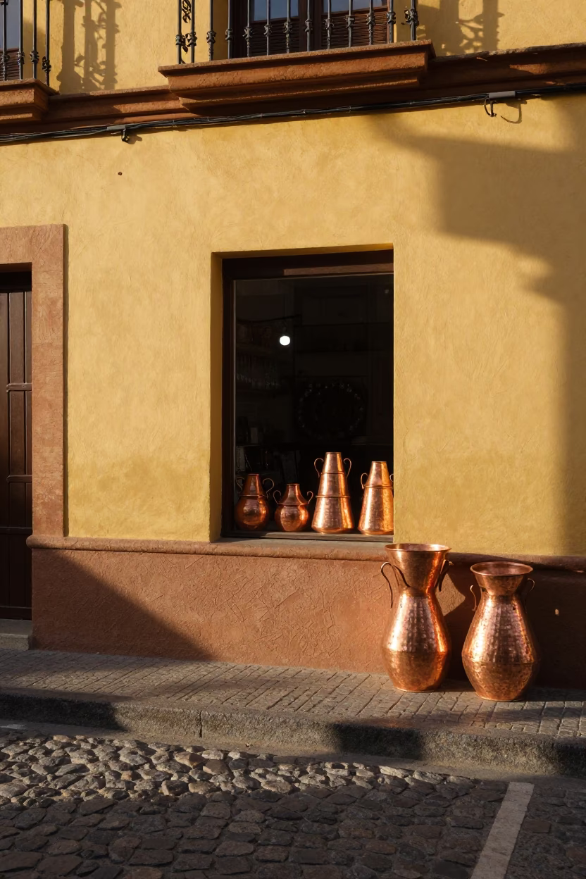 Sunlit Seville Street Scene with Copper Pots and Traditional Architecture in in Seville, Spain